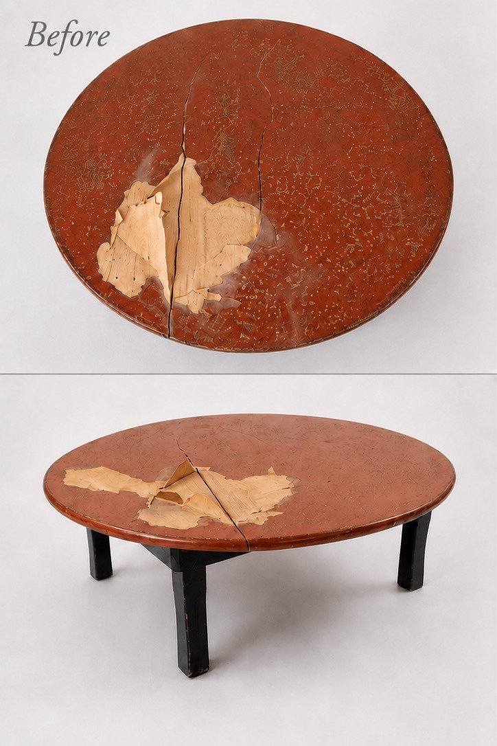 天板に割れと表面の剥離が見られる丸座卓（施工前）